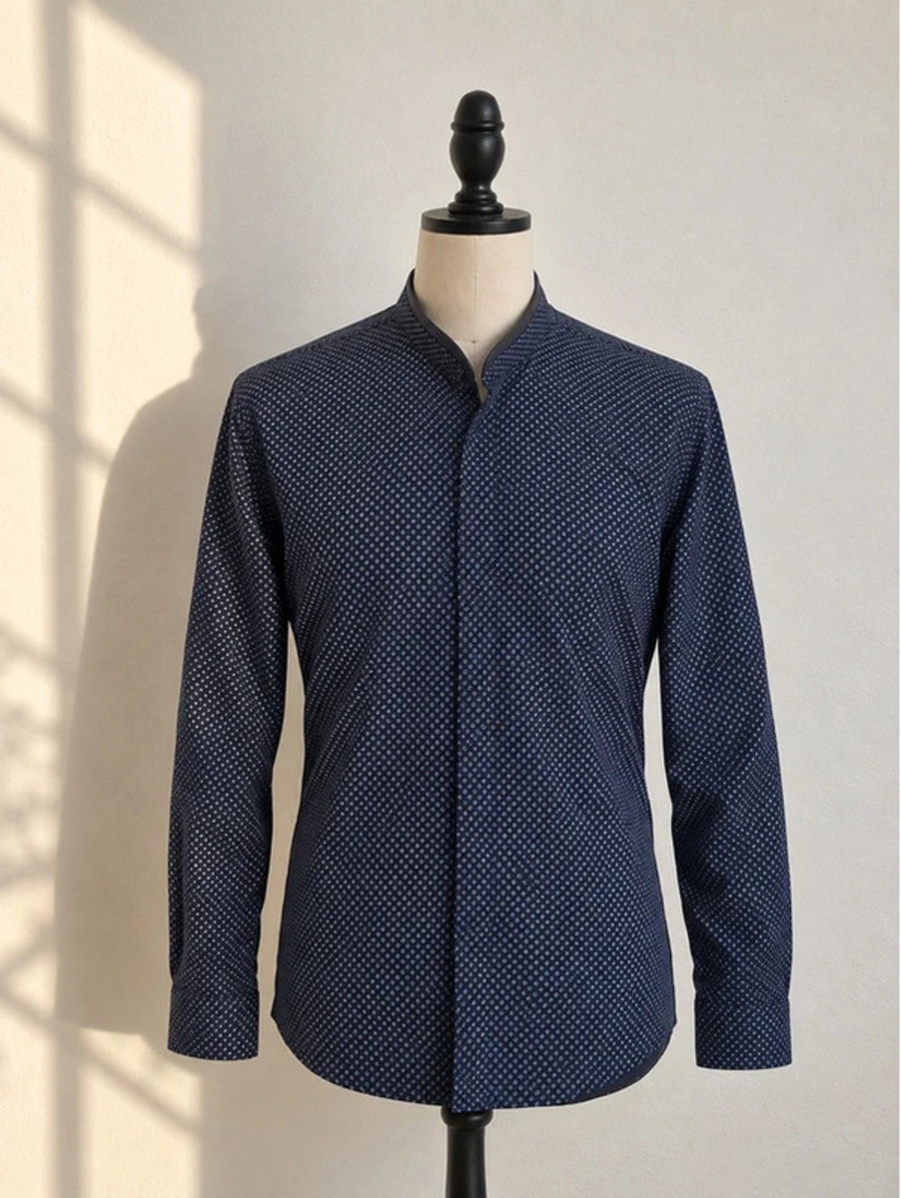 The Kooples Men's Navy Polka Dot Shirt Lambskin Leather Collar S
